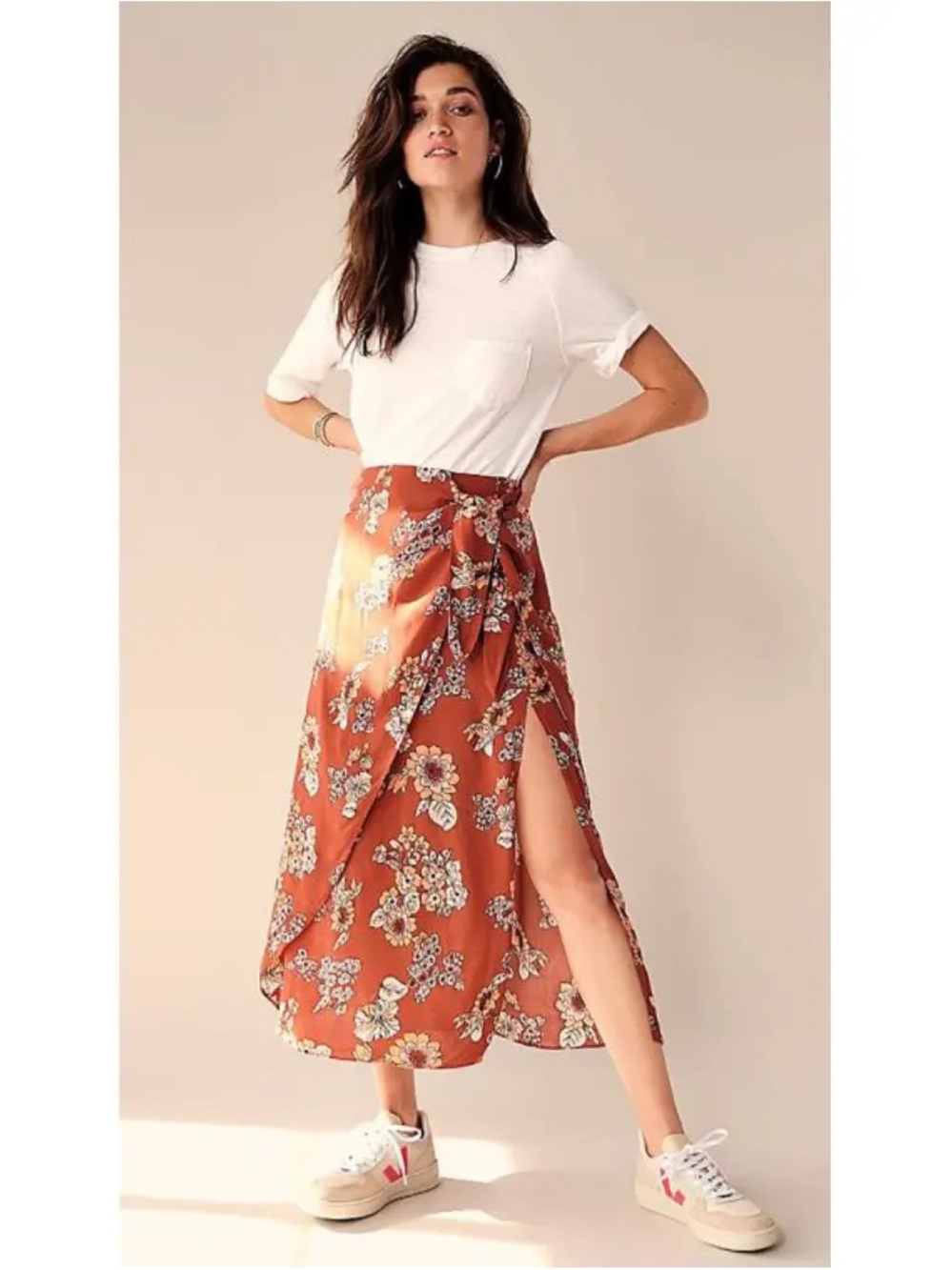 Free People Terracotta Floral Wrap Midi Skirt